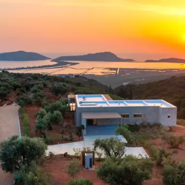 Messinian Nest Villa, Luftaufnahme mit Sonnenuntergang
