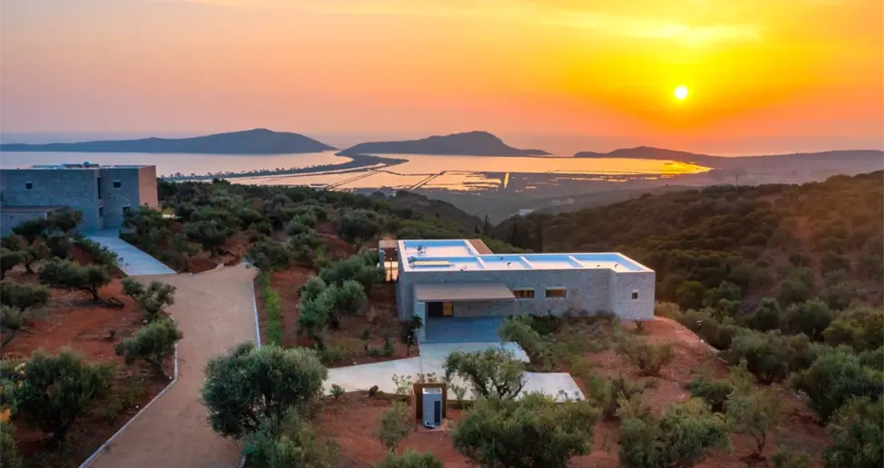 Messinian Nest Villa, Luftaufnahme mit Sonnenuntergang