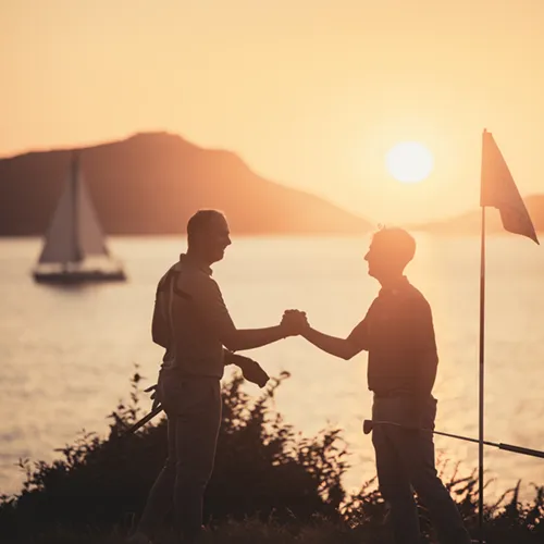 Zwei Golfer gratulieren sich zum Spiel vor dem Hintergrund eines Sonnenunterganges der Navarino Bay